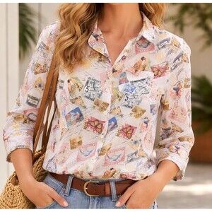 Chico's 100% Linen Sz 0 Top (US 4/6) Travel Postcard Novelty Print No Iron Shirt